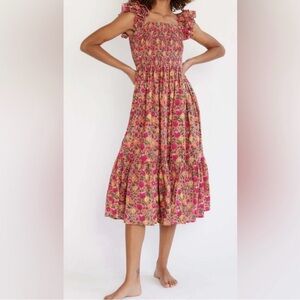 Mille Olympia Floral Smocked Ruffle Resortwear Vacation Luxury Midi Dress XS